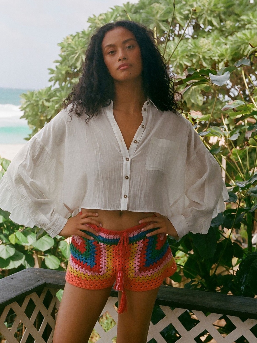 New Farm Rio Striped Scarf Crochet Shorts Medium
